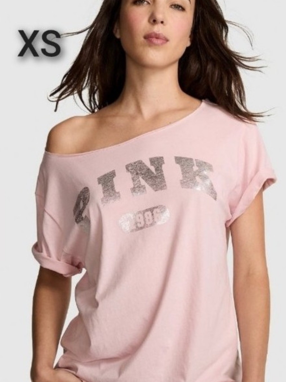 NEW SZ XS VS PINK OFF THE SHOULDER CAMPUS TEE.